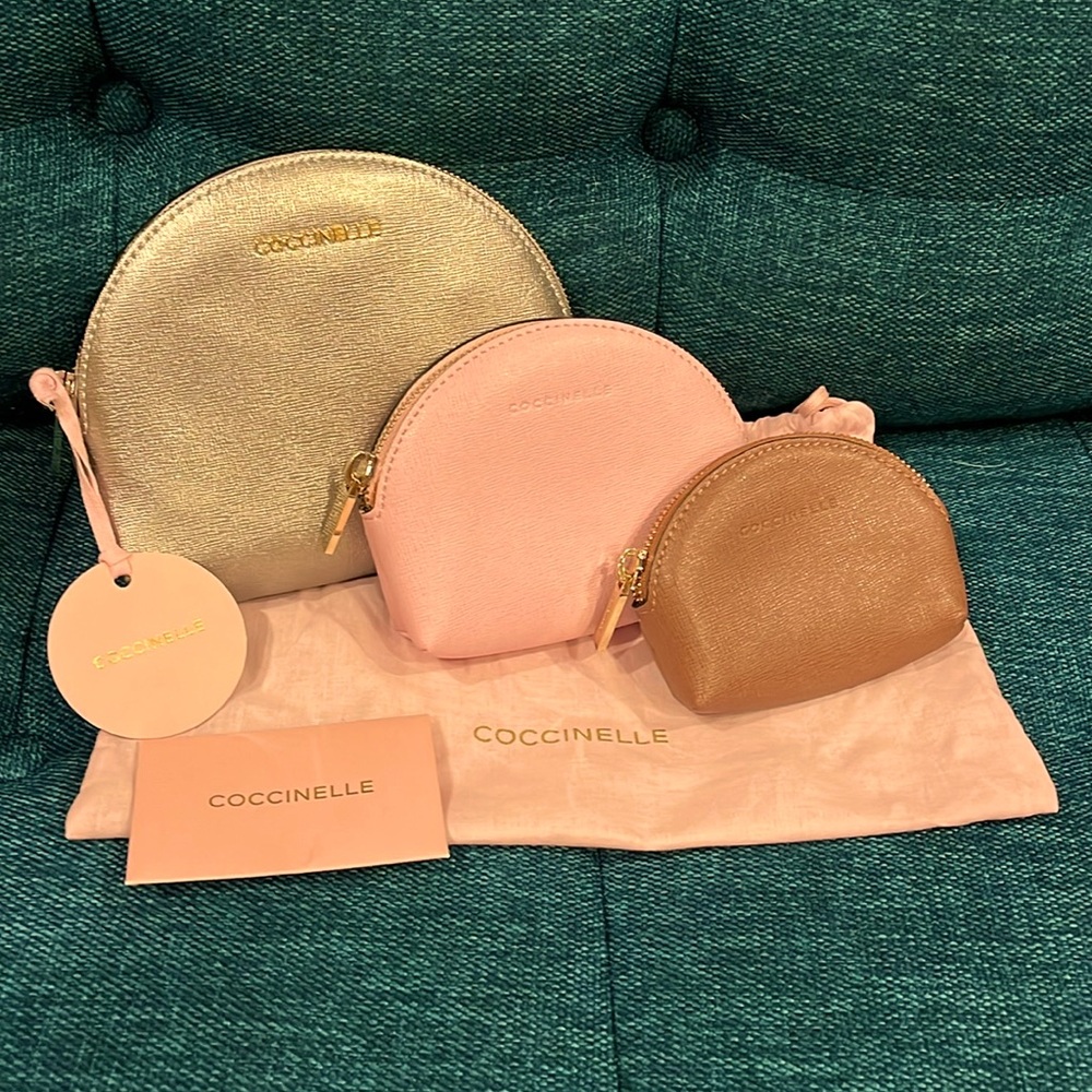 Perfect gift! RARE NWT Coccinelle Italian Pebbled Leather Makeup Pouch Trio